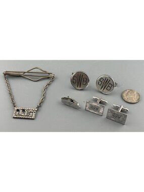 Vintage Cuff Links Sterling & Silver Tone Cufflinks Tie Bar Lot Tested Mixed Met